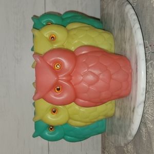 Vintage | Set of 5 Retro 1970's Teal, Yellow & Red Owl Blow Molds